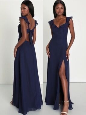 NWOT Lulu’s Sweetest Entrance Navy Blue Ruffled Tie-Back Maxi Dress Extra Small
